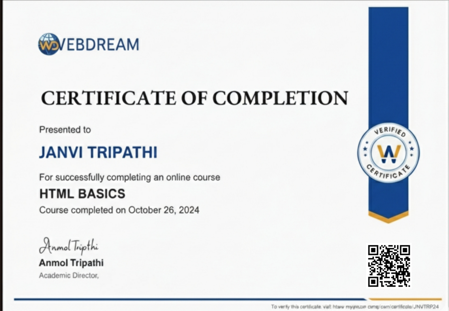 Janvi Tripathi Certificate